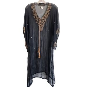 Alex Max S/M Tunic Dress Womens Black Excellent Beaded Sequin Kaftan Boho Tassel
